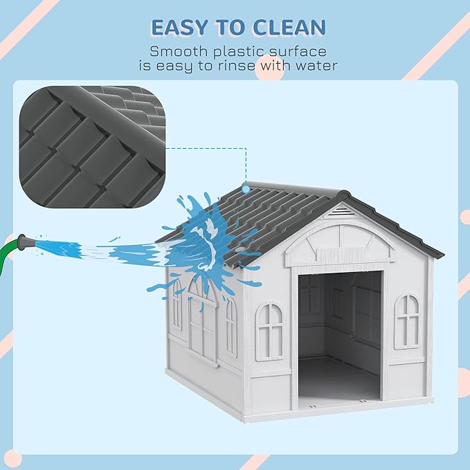 PawHut Plastic Dog House, Water Resistant Puppy Shelter Indoor Outdoor with Door, Easy to Assemble, for Medium and Small Dogs, Gray