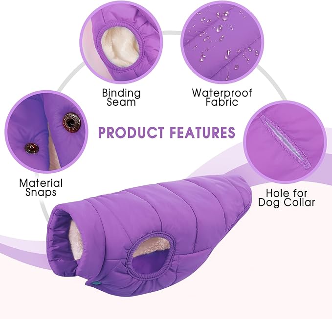 ASENKU Dog Winter Coat - Waterproof Windproof Dog Jacket, Warm Snowproof Doggie Puffer Vest for Cold Weather, Lightweight Snow Coats for Small Medium Large Dogs (Purple, S)