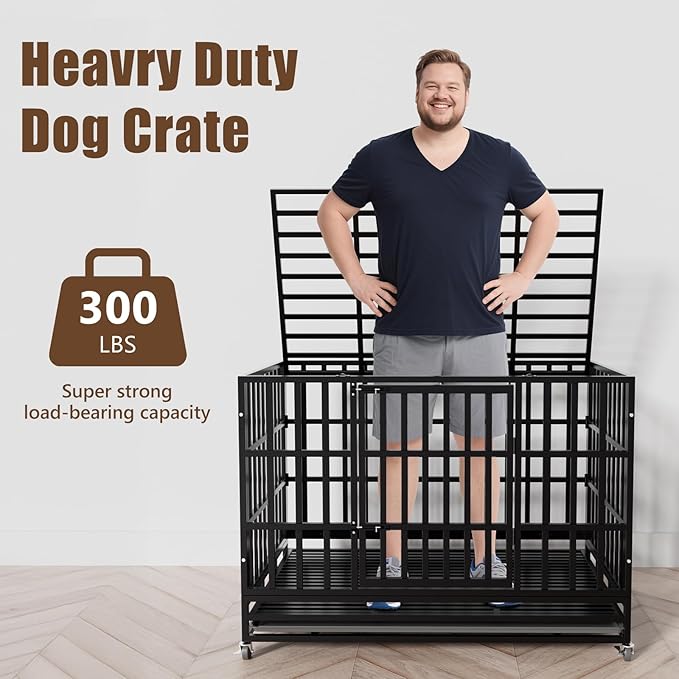 48 Inch Heavy Duty Dog Crate Kennel with Wheels, High Anxiety Indestructible Dog Crates for Large Dogs, XL XXL Extra Large Dog Crate with Removable Plastic Tray, Two Locks (Black, Square)