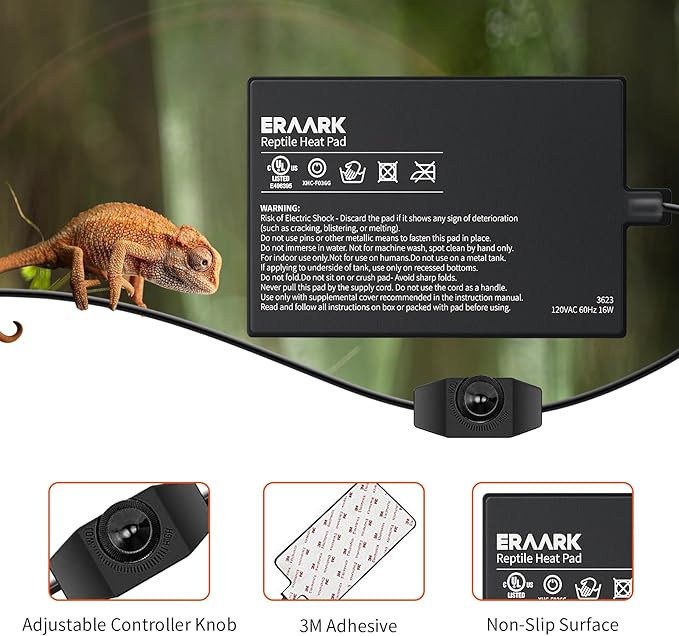 Reptile Heating Pad 8" X 18" with Temperature Adjustable Controller Knob, 24W Terrarium Heating Mat for Reptiles Amphibians Hermit Crab Snake Lizard Turtles Lizards (8"X 18" with Adjust Knob)