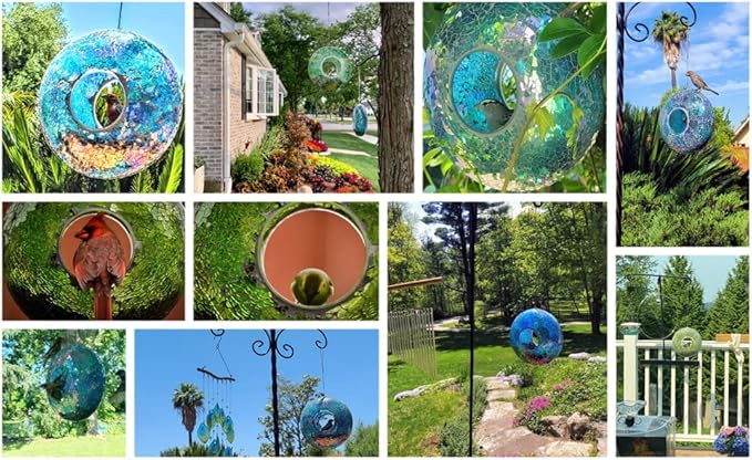 Topadorn Bird Feeder Fly Through Mosaic Round Stained-Glass Birdfeeder, Outdoor Hanging Birdfeeder Squirrels-Proof for Garden Decoration Gift, Green Bird Feeder, 9"