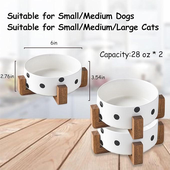 Petygooing Ceramic Dog Bowl Set with Stand - Cat & Dog Food and Water Bowl, Medium Size - Anti-Slip, 28 OZ / 3.6 Cups, Black Dot