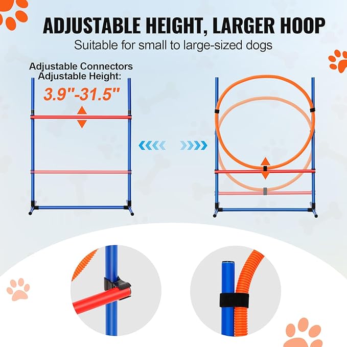 VEVOR 4 PCS Dog Agility Training Equipment with Adjustable Height Jump Bars & Reinforced Larger Jump Ring, Dog Agility Course Backyard Set with Carry Bag, Puppy Obstacle Course Kit for Indoor Outdoor