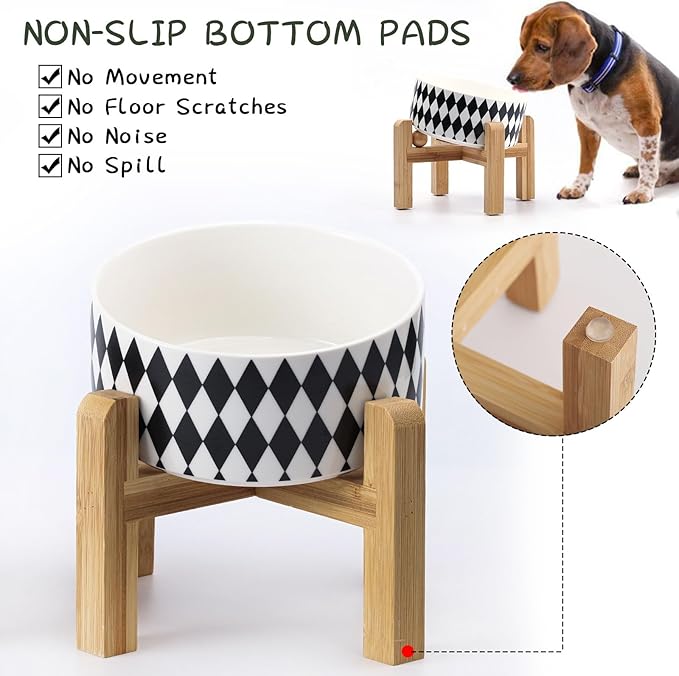 Petygooing Raised/Elevated 15°Slanted Ceramic Dog Bowl for Small Breeds,Tilted Anti Slip Pet Bowl,Food Water Dish with Stand for Cats and Small Dogs Puppy 13.5 OZ (5.1In / 1.7 Cups) Black Rhombus