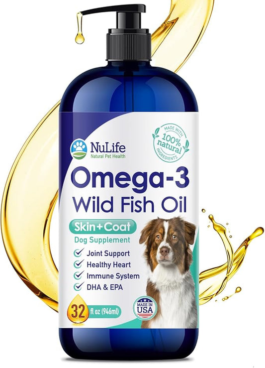Liquid Fish Oil for Dogs with Omega 3, 6 & 9 Fatty Acids, Wild Caught from Iceland, Skin and Coat Supplement for Shedding, Itchy Skin, Allergies, Brain and Heart Health, Rich in EPA + DHA - 32 oz