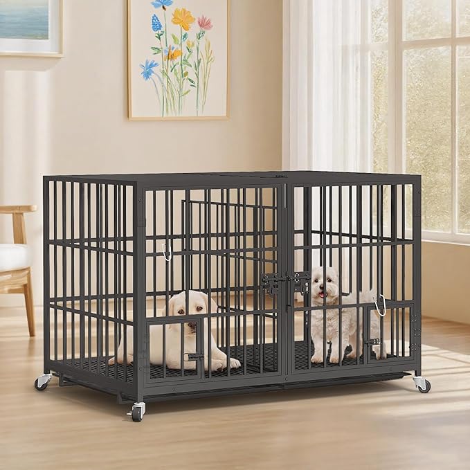 48 inch Dog Crate Cage Kennel with Divider for 2 Dogs, Indestructible Dog Crate, Sturdy Design,Double Door and Removable Tray Medium/Large Dog Cage