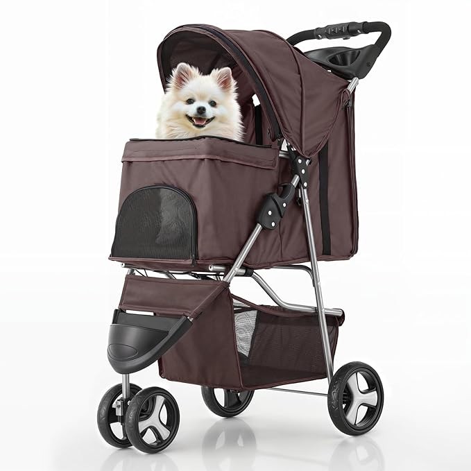 MoNiBloom Foldable Dog Strollers for Small Dogs with Weather Cover, 3 Wheels Pet Strolling Cart for Dogs and Cats with Storage Basket and Cup Holder, Breathable and Visible Mesh for All-Season, Coffee