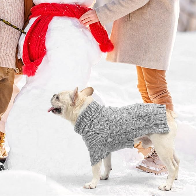 KOOLTAIL Dog Sweater for Large Medium Small Dogs, Fall Dog Sweaters, Turtleneck Cable Knitwear Pet Cold Weather Coats with Leash Hole, Warm Winter Pullover Clothes for Bulldog, Yorkie,Boy Girl,Grey M