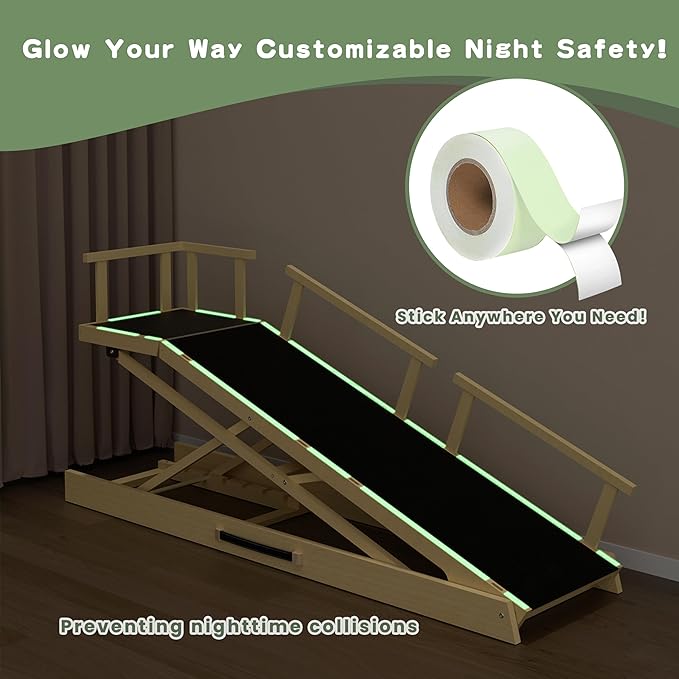 6 Level Height Adjustable Dog Ramp for Bed, Couch 65" Foldable Pet Ramp with Non-Slip Mat，DIY Glow Strips & Rest Platform Heavy Duty Dog Stairs for Large Dogs up to 200Lbs ，Wood Color