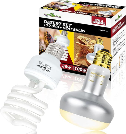 REPTI ZOO Reptile Heat Lamp Bulb and UVB 10.0 Reptile Light Combo Pack, 100W Intense Basking Spot Light UVA Heat Lamp Bulb, 26W Energy Saving UVA UVB Bulb Spiral Compact Bulb
