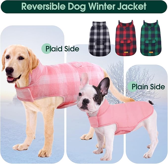Kuoser Dog Winter Coat, Reversible Dog Jacket, Warm Doggie Coat British Style Puppy Cold Weather Coats, Windproof Pet Clothes for Extra Large Dogs Pink XXXL