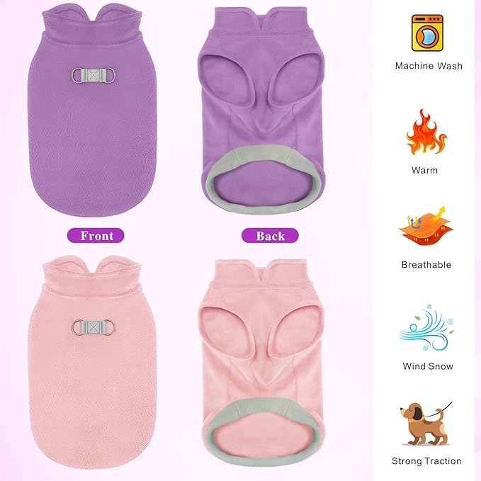 Idepet 2 Pack Dog Fleece Vest Sweater Warm Pullover Jacket with D-Ring Leash Reflective Winter Coat Hoodie for Small Medium Dogs Puppy Cat Pet Clothes (Purple&Pink, X-Small)