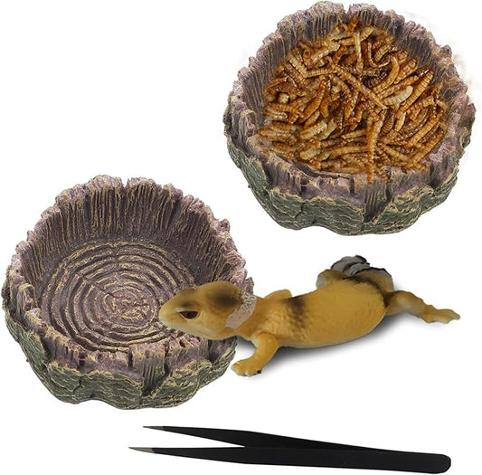 IBWell 2pcs Reptile Water Bowl with Feeding Tweezers Reptile Food Dish for Lizard Snake Tortoise Reptile Feeding Dish for Small Animals - Gray Tree Stump