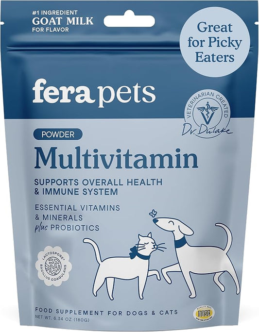 Fera Pet Organics Multivitamin Goat Milk Cat & Dog – Vet Created - Cat & Dog Multivitamin - Probiotics & Essential Vitamins & Minerals–60 Servings