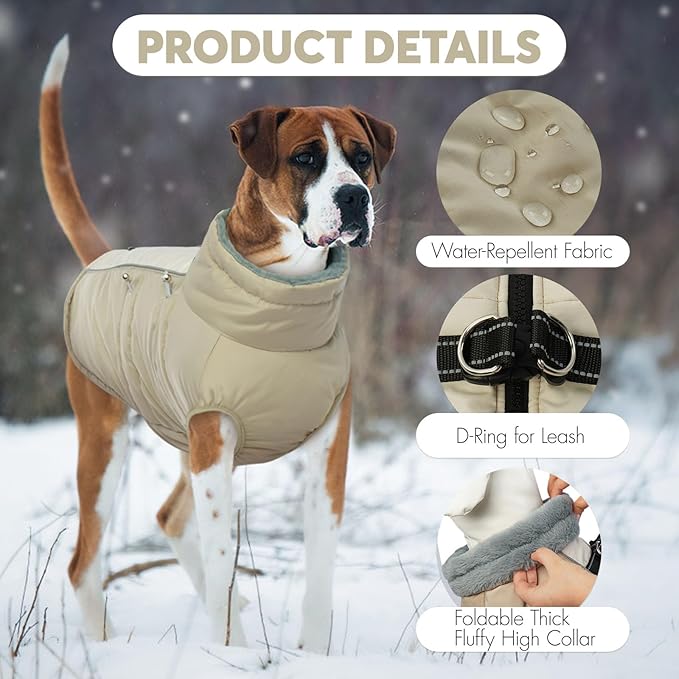 IDOMIK Warm Dog Coat with Harness Built-in, Thick Fleece Dog Winter Jacket with High Collar&Zipper, Waterproof Reflective Dogs Cold Weather Coats for Large Dogs, Pet Snow Jacket Vest(Apricot,2XL)