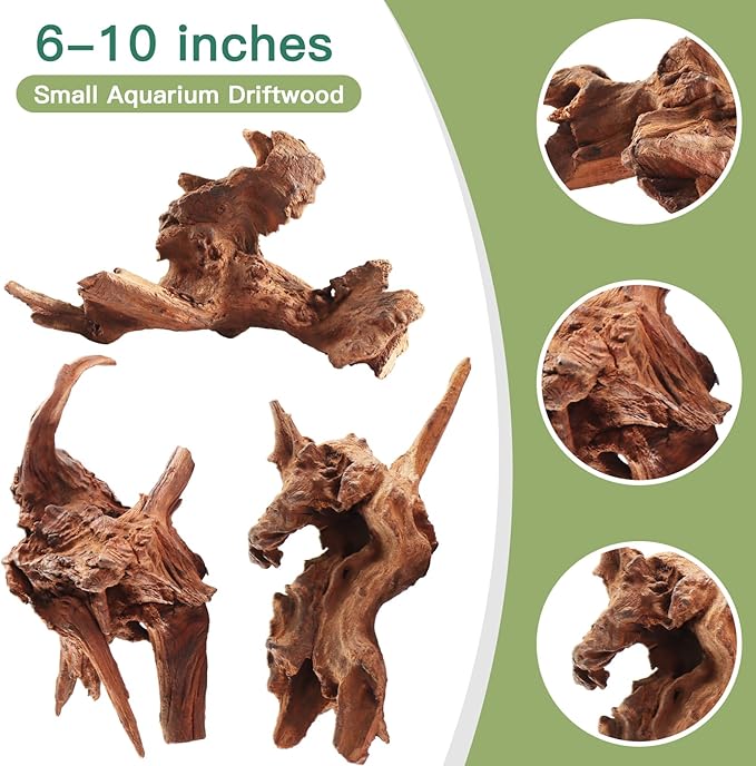 Driftwood for Aquarium, 3 Pieces 6-10" Natural Small Drift Wood Fish Tank Assorted Branch Decorations Pieces for Reptile Hide