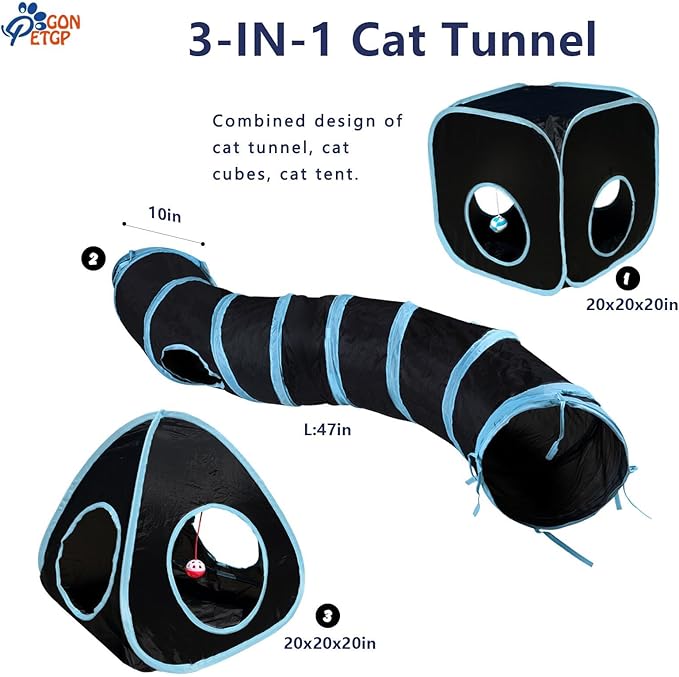Collapsible Pet Tunnel Cube Tent Toys, Interactive Cat Feather Teaser Wand Cat Bell Balls Fuzzy Ball Springs Mouse Toys for Indoor Kittens (Black)