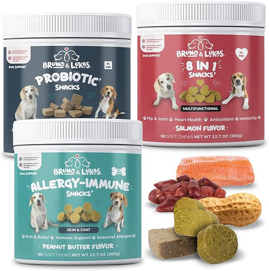 Multivitamin, Probiotics & Allergy Relief Chews for Dogs – Joint Health, Immune Support, Digestive Aid, Skin & Coat Health with Glucosamine, Omega Fish Oil, Probiotics & Antihistamines (90 Ct Each)