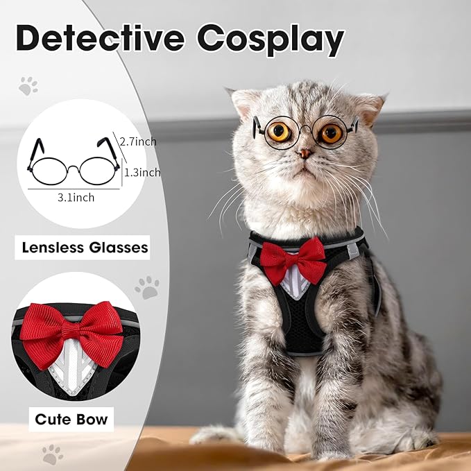 Cat Vest Harness and Leash Set for Walking Escape Proof, Adjustable Kitten Harness Breathable Mesh with Reflective Strips Harness for Kitty Puppy Bunny (Black,M)
