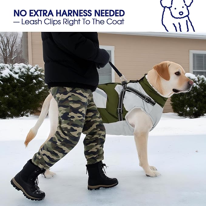 FUAMEY Dog Winter Jackets for Large Dogs,Dog Coat with Harness Built in,Waterproof Dogs Snowsuits Warm Pet Jacket Zip Up Fleece Cold Weather Coats Reflective Puppy Vest with Pocket Green XL