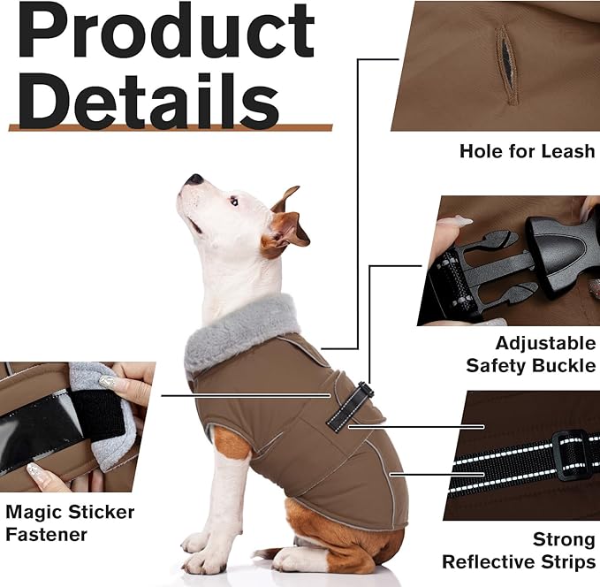 Lelepet Warm Dog Coat Reflective Fleece Vest Waterproof Dog Jacket with Adjustable Buckle Hook & Loop Windproof Cold Weather Coats for Small Medium Large Dogs, Brown, XXXL