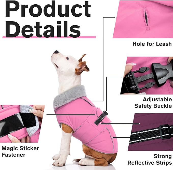 Lelepet Warm Dog Coat Reflective Fleece Vest Waterproof Dog Jacket with Adjustable Buckle Hook & Loop Windproof Cold Weather Coats for Small Medium Large Dogs, Pink, S