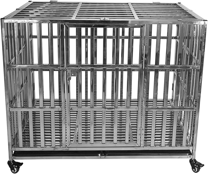 42 INCH Heavy Duty Dog Cage Stainless Steel Pet Crate Kennel with Lockable Wheels & Removable Trays for Medium and Large Dogs (Stackable)