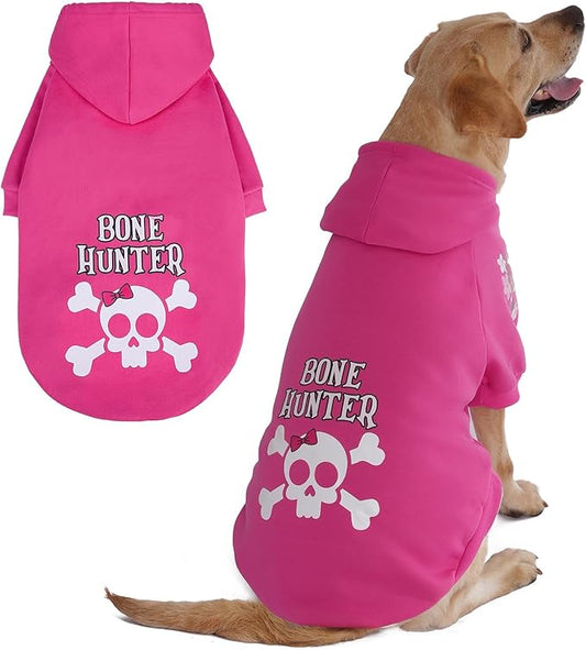 BINGPET Bone Hunter Dog Sweater with Hood and Leash Hole,Warm Fleece Dog Hoodie & Winter Coat for Small to Large Dogs,Cold Weather Pet Clothes(Large)