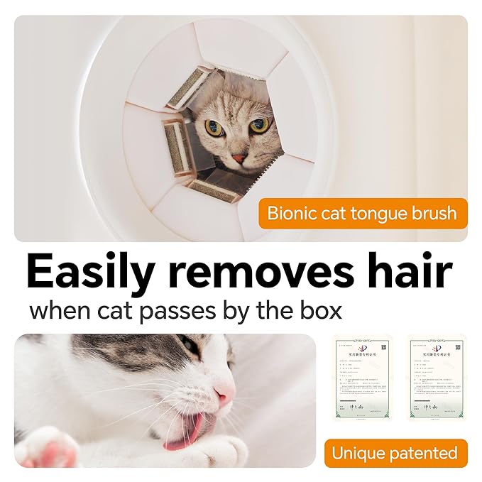 AutoComb Automatic Cat Self Groomer, 360° Surround Skin Friendly Grooming Tool For Cats, Self Cat Brushes with biomimetic cat tongue brush for Long or Short Haired & Smart feeder, White