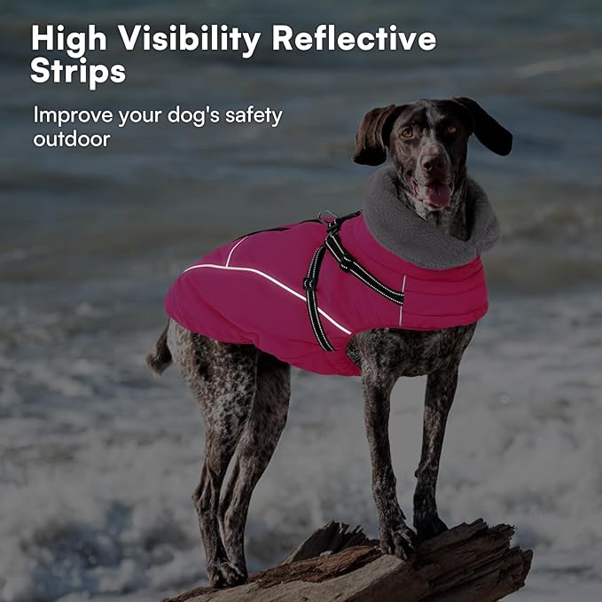 Queenmore Large Dog Coat, Dog Jacket for Extra Large Dogs with Harness Built in, Reflective Waterproof Dogs Jackets with Fleece Lining,Warm Snowsuit Pet Sweater for Doberman,Labrador,Rose Red,XXL