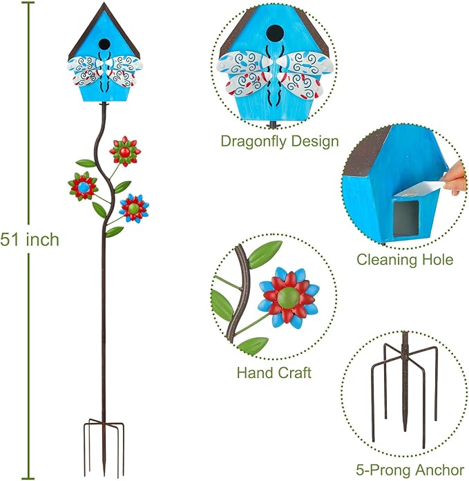 51” Bird Houses Stake for Outside, Metal Wild Bird Feeder Birdhouse Stake Pole with Dragonfly Design Outdoor Decorations for Patio, Backyard, Garden