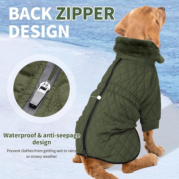IDOMIK Dog Winter Coat for Large Dogs, Warm Dog Winter Jacket with Fleece High Collar, Zippered Cold Weather Coats for Dogs, Waterproof Doggy Snow Jacket Clothes,Green,XL