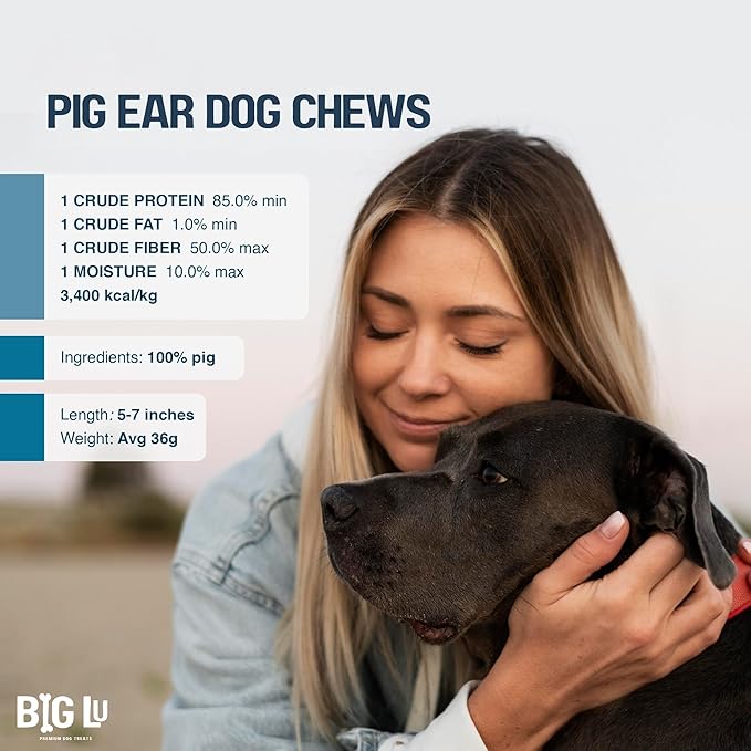 Big Lu – Pig Ear Dog Chews, 12 Count, All-Natural Single-Ingredient Pork Treats, Easily Digestible, Supports Joint Health with Glucosamine and Chondroitin