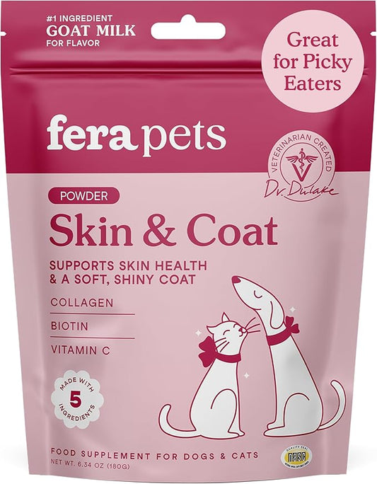 Fera Pet Organics Skin & Coat Goat Milk Cat & Dog – Vet Created - Pet Coat Thickness & Skin Hydration - Collagen, Biotin & Vitamin C - 60 Servings