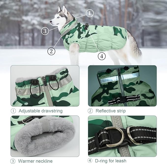 Lelepet Dog Coat Warm Dog Winter Coat Waterproof Dogs Jacket with Harness Built in Reflective Pet Fleece Vest Zip-Up Cold Weather Coats for Large Dogs Turtleneck Windproof Coats Boxer Mint Green Camo