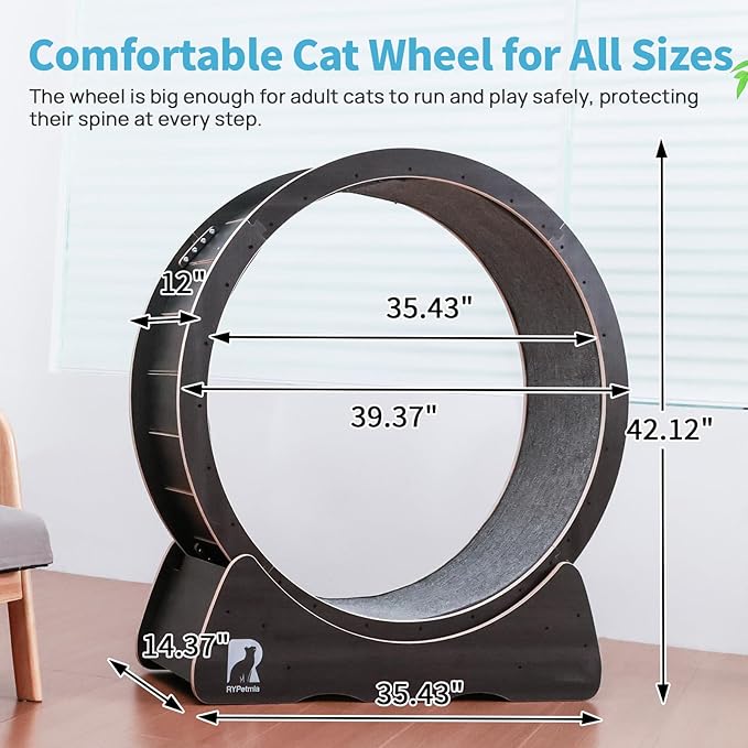43 Inch Large Cat Exercise Wheel for Indoor Cats, Silent Treadmill, Non-Tip Design, Safe & Quiet Cat Running Wheel, Easy to Assemble, Supports Cats Up to 55 lbs (Black)