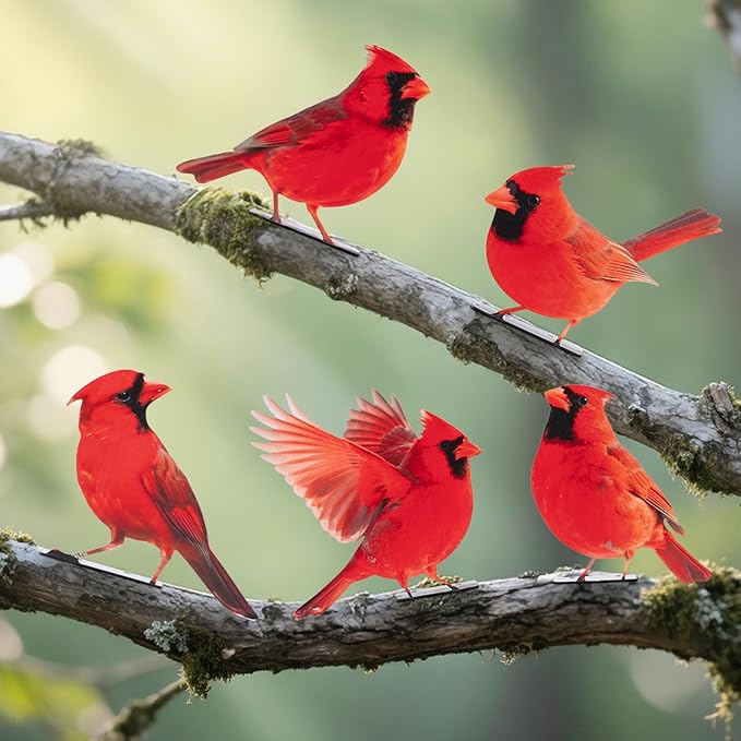 HUYIENO 5PCS Vivid Metal Birds Fence Decor Color Painted Outdoor Garden Natural Bird 2D Sculptures for Outdoor Fences, Patio, Garden and Bird Lovers (Cardinal)