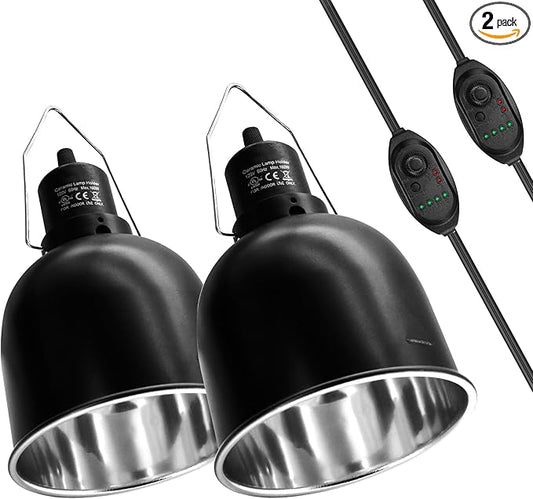 Reptile Light Fixture with Dimming Switch and Timer, 5.5 Inch Deep Dome Reptile Heat Lamp Fixture, Reptile Lamp Fixture Cap for UVB Bulb Basking Heat Bulb for Reptile Glass Terrariums, 2PCS