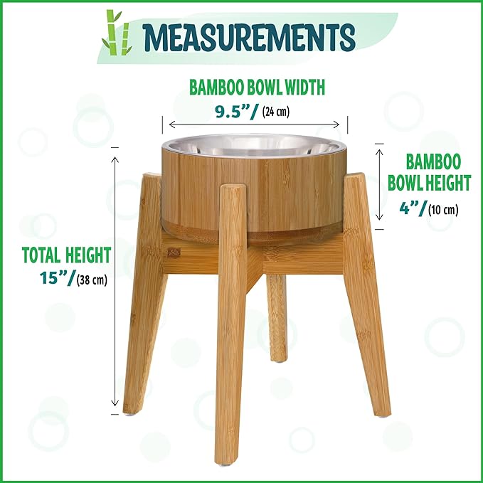 Elevated Dog Bowls Large Breed - (15-Inch, 74-oz Cap) - Raised Single Dog Food Station, Suitable for Dry/Wet Pet Foods, Deter Ants/Bugs - Bamboo with Stainless Dish and Tall Stand