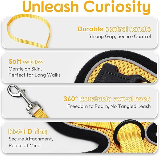 Dooradar Cat Harness and Leash Set, Escape Proof Safe Adjustable Kitten Vest Harnesses for Walking, Easy Control Soft Breathable Mesh Jacket with Reflective Strips for Cats, Yellow, XS