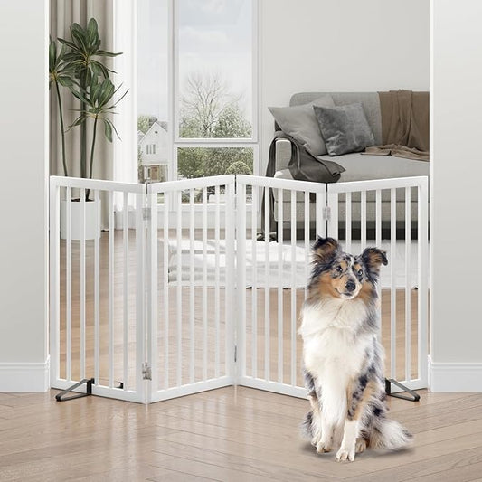 Dog Gates for Doorways, Tall Dog Gate Indoor, Foldable Pet Gates for Doorways Bedroom, Freestanding Puppy Gate with Metal Support Feet, Room Divider, 4 Panels (White)