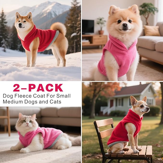 Idepet 2 Pack Dog Fleece Vest Sweater Warm Pullover Jacket with D-Ring Leash Reflective Winter Coat Hoodie for Small Medium Dogs Puppy Cat Pet Clothes (Red&Rose Red, X-Large)