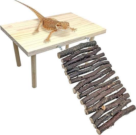 BNOSDM Wooden Basking Platform with Climbing Ramp Reptiles Hideout Bearded Dragon Hide Cave Reptile Tank Accessories Suit for Tortoise, Lizard, Toad, Gecko (Rectangle)