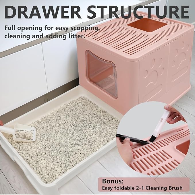 XL Foldable Cat Litter Box with Lid - Jumbo Enclosed Potty - Top Entry Anti-Splashing Toilet - Includes Scoop & 2-in-1 Cleaning Brush (Pink)