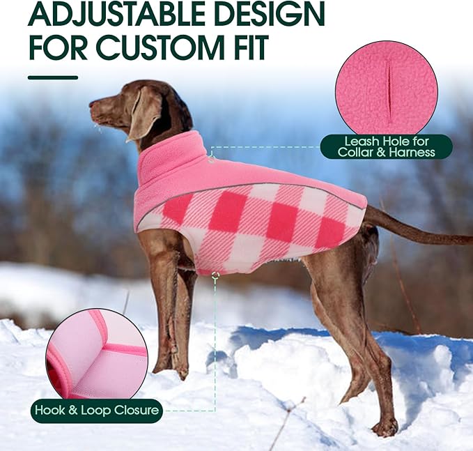 Kuoser Dog Winter Coat, Reversible Waterproof Dog Jacket with Reflective Strip, Warm Dogs Fleece Vest Adjustable Doggy Cold Weather Clothes Plaid Christmas Outfit Pet Apparel for Large Dogs, Pink XL
