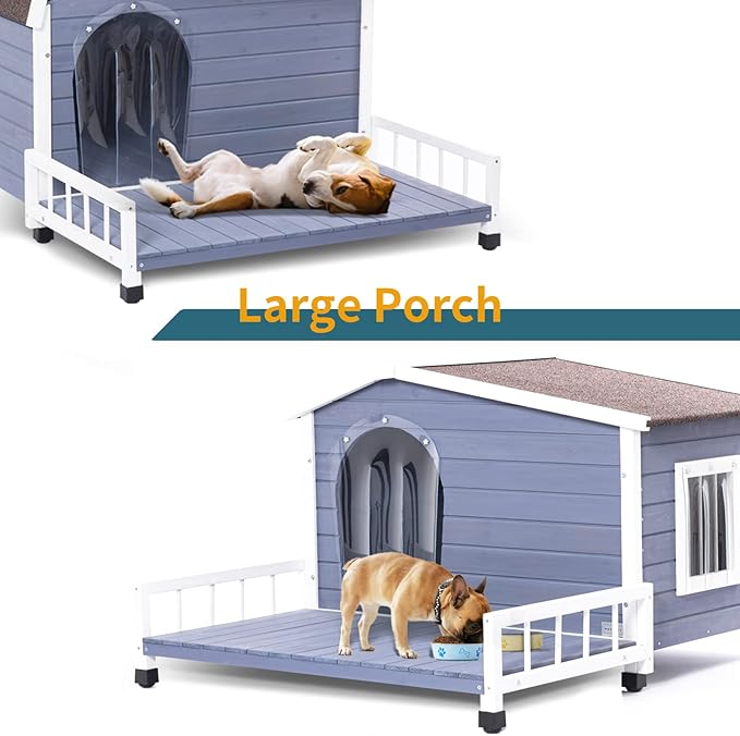 Petsfit Dog House Outdoor 40" L x 47" W x 28.5" H with Terrace & Openable Asphalt Roof, Outside Dog House with Elevated Floor, Dog House for Medium Dogs