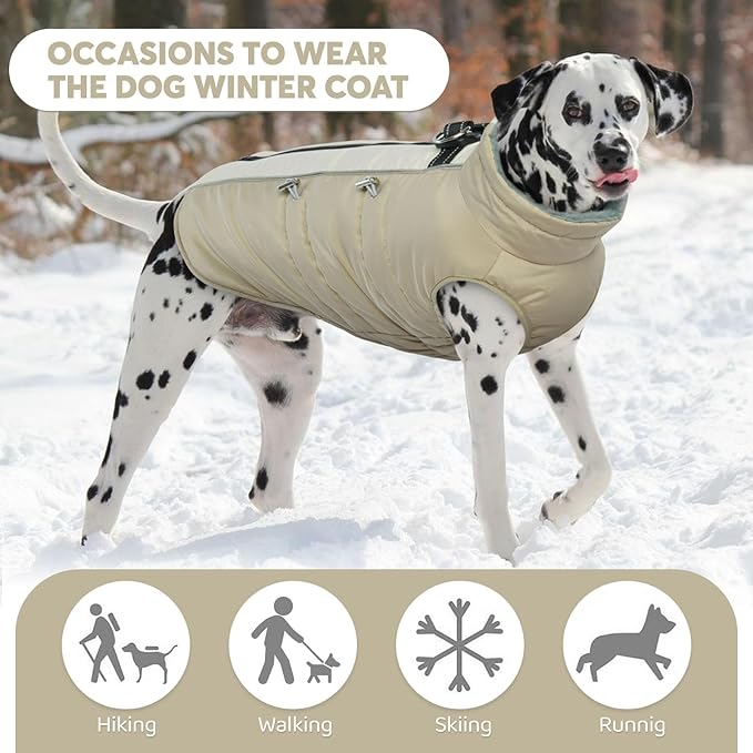 IDOMIK Warm Dog Coat with Harness Built-in, Thick Fleece Dog Winter Jacket with High Collar&Zipper, Waterproof Reflective Dogs Cold Weather Coats for Small Dogs, Pet Snow Jacket Vest(Apricot,S)