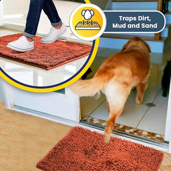 Muddy Mat® Shown on TV – Super Absorbent Microfiber Dog Door Mat for Muddy Paws, Non-Slip Washable Pet Rug, Quick Dry Chenille Entryway Carpet, Machine Washable Indoor Outdoor mat, Orange 30"x19"