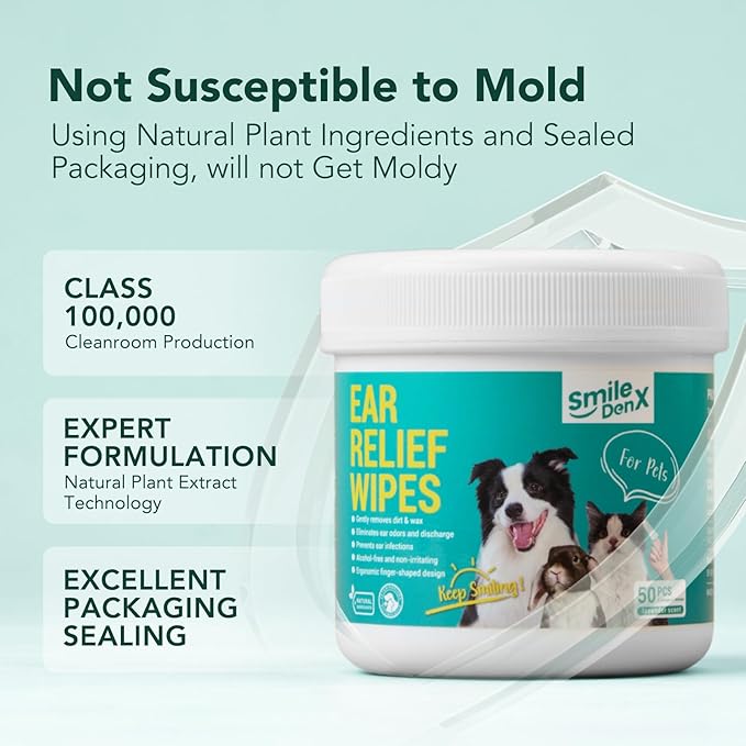 Pet Ear Wipes, Ear Cleaner Wipes for Dogs & Cats, Enzymes and Baking Soda - Fast Relief Ear Itching and Inflammation, Dog Ear Infection Treatment, Remove Dirt and Wax Build Up, 50 Count