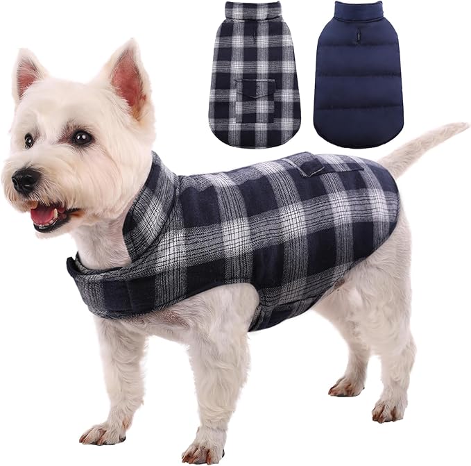 Kuoser Dog Winter Coat, Reversible Dog Jacket, Warm Doggie Coat British Style Puppy Cold Weather Vest, Windproof Pet Clothes Vest for Small Dogs, Blue S